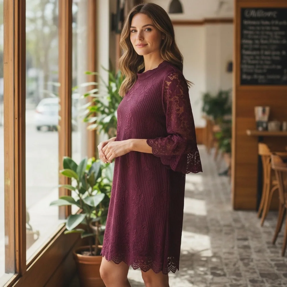 Elegant Burgundy lace dress 1X‎ bell sleeves size holiday wedding guest party